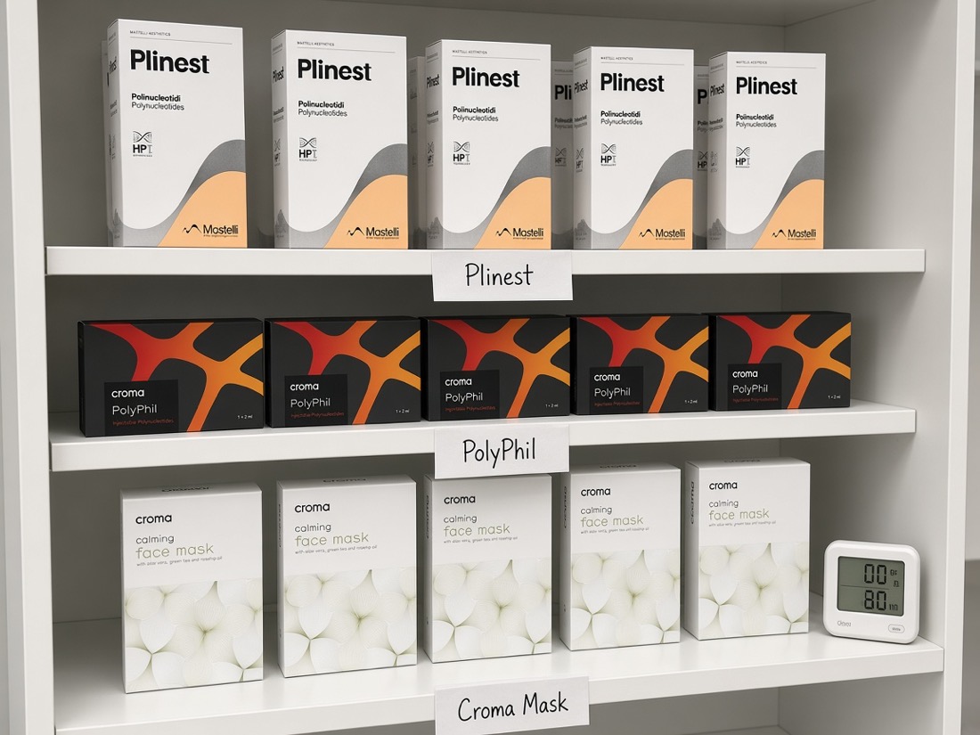 Полиця складу з коробками Plinest, PolyPhil та масками Croma